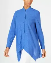 Anne Klein Sz: 6 Tunic Long Sleeve Linen High Low Top Blouse Button Front Blue