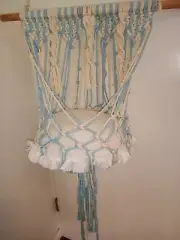 Macrame Cat Hammock. Blue/natural macrame cord on sturdy dowel with soft cushion