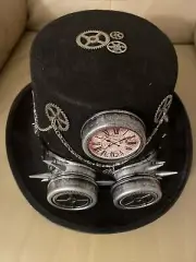 Black Silver Gothic Top Hat Burning Man w/ Clock Spike Costume Steampunk Goggles