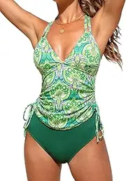 [CUPSHE] Women's Tankini Sets Two Piece Swimsuit V Neck O Ring Back Cutout Double Straps Mid Rise Drawstring
