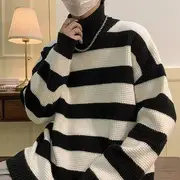 Long-Sleeve Turtleneck Striped Knit Top Black - 2XL
