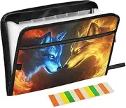 Quteprint 13 Pockets Expanding File Folder with Zipper Closure, Fire Two Wolves Facing Wolf Accordion File Folder with Sticky Labels, Letter Size A4 Papers Expandable File Document Organizer