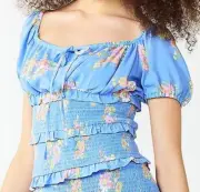 NWT JRS. SO L BLUE FLORAL SMOCKED TIERED TIE FRONT CROP BOHO RUFFLE CHALLIS TOP