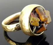 Unique Hammered Yellow Gold Ring Set With Brown Tiger Eye Stones Size 6