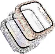 [Fullife] 3-Pack Compatible with Apple Watch 41mm 45mm Protective Bumper with Tempered Glass Protector,Crystal Diamond Bling Cases Cover for iWatch Series 7,Rosegold/Rainbow/Clear,41mm