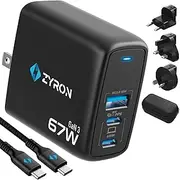 ZYRON 65W USB C Charger with GaN 3 Technology, Compact Travel Adapter, 3-Port 67W Fast Charging, PD3.0/QC3.0/PPS for S24 Ultra 45W, Laptop, iPhone Charger, Foldable EU/UK/US/AU Plug, 2m Cable, Case