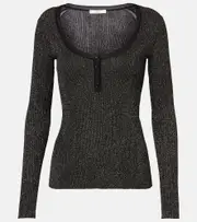 [Chloe] Chloé Ribbed-knit lurex® Henley shirt AU 8 black