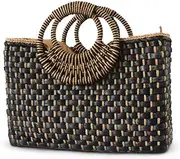 [QTKJ] Women Summer Retro Straw Bag with Zip Hand-woven Beach Handbag Top Round Handle Boho Tote Bag Shopping and Travel Large Bag (Black)