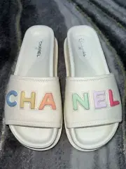 Chanel 22S Ivory Lambskin Multicolor CHA NEL Letter Logo Flat Slide Sandal 39