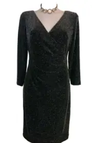 NWT Lauren Ralph Lauren Sz 6 Black Label Faux Wrap Black Metallic Sparkle Dress