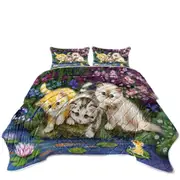 Cute Cat Art Three Kittens in Japanese Garden Coverlet