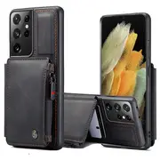 For Samsung Galaxy S21 Ultra CaseMe Back Zipper Wallet Case W/ 3 Card Slots, RFID Blocking, 1 Money Pocket, Credit Card Holder Leather Cover (Black)