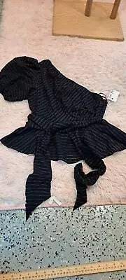 Nine West Women's Black Rayon Striped One-Shoulder Tie Waist Peplum Tops Size M
