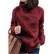 Nevenka Womens Turtleneck Sweatshirt Winter Faux Fuzzy Sherpa Pullover-Wine Red