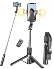 Selfie Stick Tripod with Light, 45'' Selfie Stick with Wireless Remote, Black