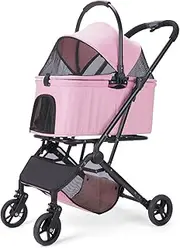 3 in 1 Dog Stroller, Upgraded Frame, Up to 44lbs Pet Stroller with Dog Poop Bags & Dispenser, Zipperless Entry, Storage Basket & Pouch for Small Dogs Cats (Pink)