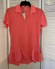 NWT Adidas Womens S Tour Floral S/S Peplum Polo Shirt Coral Red Heather Golf $70
