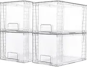 Vtopmart 4 Pack Large Stackable Storage Drawers,Easily Assemble Acrylic Bathroom Closet Undersink Organizers,Plastic Bins for Kitchen Cabinets,Pantry,Makeup,Medicine
