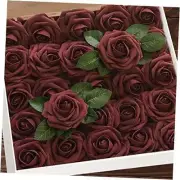 Artificial Flowers Roses w/Stem, Rustic Farmhouse Decor for Home, Burgundy