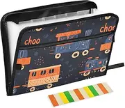Quteprint 13 Pockets Expanding File Folder with Zipper Closure, Cute Cartoon Trains Accordion File Folder with Sticky Labels, Letter Size A4 Papers Expandable File Document Organizer