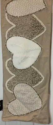 Rachel Zoe Hearts Valentines TABLE RUNNER KHAKI WHITE GOLD BEADED 14 x 56 NIP