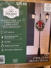 6' PreLit Battery-Operated Christmas Lamp Post with Lighted Wreath, Holiday Time
