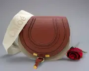 AUTH NWT $1450 Chloé Marcie Small Leather & Linen Saddle Crossbody-Sepia Brown