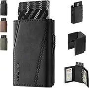 [DUGRAFT] Credit Card Holder Wallet with ID Window, Leather RFID Blocking Slim Minimalist Pop Up Aluminum Metal Card Wallet for Men with Banknote Compartment, Black