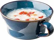 Ceramic Soup Cup with Handle, Small Breakfast Mug, Blue Dessert Bowl, Small Microwave Soup Bowl