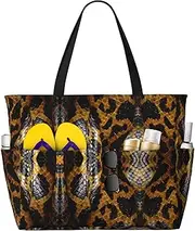 [Ghjkfbf] Yellow Snake Print Large Capacity Beach Travel Bag For Family, Beach Tote Bag For Women With Zipper Pockets, Black, One Size