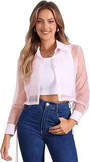 [Allegra K] Women's See Through Top Long Sleeve Drawstring Hem Button Down Cropped Mesh Sheer Jacket