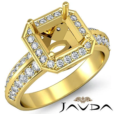 Asscher Semi Mount Halo Pave Diamond Engagement Ring 14k Yellow Gold 1Ctw