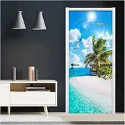 Door Stickers Sandy Beach Seascape 3D Door Sticker PVC Waterproof Mural Wall Decals Living Room Bedroom Door Stickers Wallpaper(95x215cm)