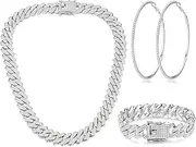 [Sanfenly] Cuban Link Chain Necklace Bracelet Rhinestone Hoop Earrings Set Bling Necklace Bracelet Crystal Big Circle Earrings for Women Girls