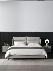 TEMREN Luxurious Leather Bed Frame Carbon Steel Legs Light Grey Queen/King