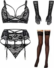 [Lidogirl] Women Lingerie with Stockings and Gloves, Sexy Garter Belt Lingerie Set