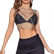 [FlyCC] Women's Sexy Sheer Mesh Rhinestone Sleeveless Beach Cover Up Crop Top Shirts