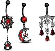 [366DAYS] Black Belly Button Rings 14G - 3 Pcs Barbell Piercing Jewelry Stainless Steel, Spider Red Zircon Dangle Navel Belly Piercing for Women and Men