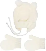 [COLLBATH] Knitted Hat Gloves Newborn Warm Hat Pompom Hat Double Pom Caps Knitted Beanie Hat Pompom Ear-Flap Hat Newborn Warm Caps Knit Hat Acrylic White