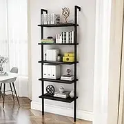 DKLGG 5-Tier Ladder Shelf, Industrial Wall Mounted Bookshelf, Narrow Ladder Bookcase with Wood Board and Metal Frame, Open Display Shelf for Living Room, Bedroom, Office, Black