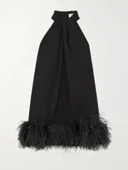 [16ARLINGTON] 16ARLINGTON - Cynthia Feather-trimmed Crepe De Chine Halterneck Mini Dress - Black - UK 6 UK 6 Black
