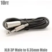 10FT XLR 3P Male to 6.35mm 1/4" Male TRS Stereo Audio Balanced Microphone Cable