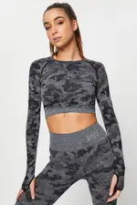 Grey Seamless Camo Activewear Long Sleeve Top - Size L, Women's Aw Crop Top