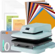 Auto Heat Press Machine 15" x 15" 110V + Starter Kit (Include Vinyl&Sublimation Bundle, Tools&Heat Press Mat), Light Blue