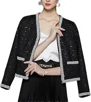 [Generic] Women Pearls Beading Sequins Elegant Woolen Coat Sequin Vintage Tweed Cropped Jacket