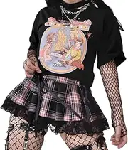 [Orsherlly] High Waisted Pink Gothic Pleated Mini Skirt Streetwear Ruffle A-Line Skirt Lace Patchwork Y2k Short Skater Skirt