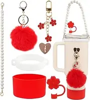 Rabrgab 7Pcs Red Stanley Cup Accessories Set - Water Bottle Handle Strap, Silicone Flower Straw Topper, Silicone Cup Boot, Pompom and Flower Charms for Water Bottle Tumbler 20oz 30oz 40oz