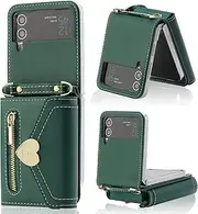 [XIMAND] for Samsung Galaxy Z Flip 4 Case with Love Flip Wallet, Large Capacity for 8 Card Slots, and Long Strap - a Mini, Fashionable Crossbody Bag for Young, Stylish Women Shopping(Z Flip 4,Green)