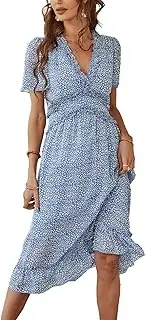 [BROVAVE] Women's Spring Summer Casual Ditsy Floral Print Short Sleeve V Neck Flowy Ruffle Midi Dress