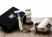 5 Piece Shaving Set Silver Tip Hair, DE Safety Razor,Stand & Soap Gifts For Men